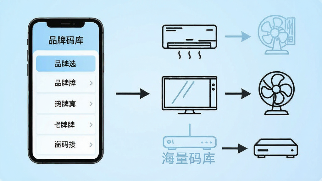 一张信息图表风格的插画,画面左侧是手机屏幕显示品牌选择列表,右侧是各种家电的线稿图标(空调、电视、风扇、机顶盒),中间用箭头连接,背景为浅蓝色渐变,风格简洁现代,细节清晰,画面中文字标注