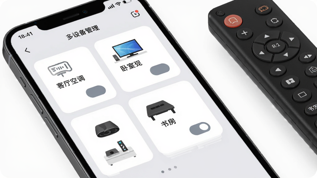 手机屏幕显示红外遥控APP的多设备管理界面,界面中有客厅空调、卧室电视、书房机顶盒三个设备卡片,每个卡片有对应的图标和开关按钮,背景为淡灰色,风格清爽,手机旁边有一个遥控器实体作为对比,画面中文字标注