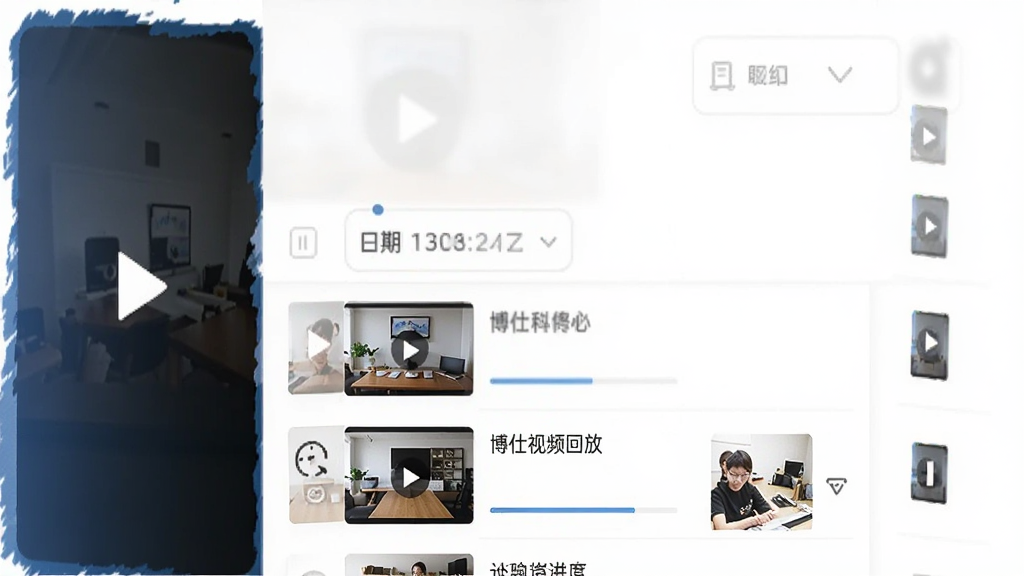 主体是博仕科技APP的视频回放界面,布局为纵向列表加播放窗口,排版上方为播放器下方为文件列表,风格为扁平化移动UI设计,细节包括日期筛选栏、视频缩略图、下载进度条、播放控制按钮,画质清晰,干净,无多余元素
