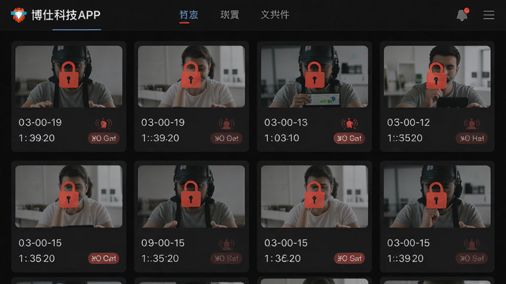 主体是博仕科技APP的紧急视频管理页面,布局为卡片式网格排列,排版上方为标题栏下方为视频缩略图卡片,风格为深色模式安全主题,细节包括红色锁形图标、碰撞感应标识、时间戳、文件大小标签,画质高清,干净,无多余元素