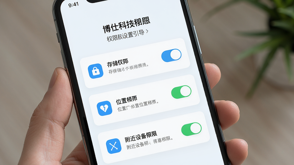 主体是手机屏幕显示博仕科技APP的权限设置引导页面,布局为纵向步骤列表,排版上方为标题下方为三个权限图标和说明文字,风格为清新浅色移动UI,细节包括存储权限、位置权限、附近设备权限的图标和开关状态,画质清晰,干净,无多余元素