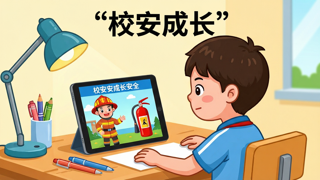 ����Ϊһ��Сѧ����������ǰ�����ƽ�����ѧϰУ���ɳ��еİ�ȫ֪ʶ�γ̣���Ļ����ʾ������������Ա�������������Ϊ���Ӿ��У����������ľߺ�̨�ƣ��Ű��࣬���������ű�ע��У���ɳ��������Ϊ��ͨ�����磬ɫ�ʻ��ã�ϸ�ڰ������ӱ���רע����Ļ�������������ʸ��塢�ɾ����޶���Ԫ�ء�
