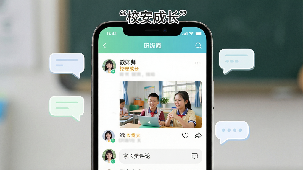 ����Ϊ�ֻ���Ļ��д����ʾУ���ɳ��İ༶Ȧ���棬������ʦ������ͼ�Ķ�̬���ҳ����޺����ۣ�����Ϊ�ֻ����У���Χ�е�������������װ�Σ��Ű����������������ű�ע��У���ɳ��������Ϊ�ִ��罻�磬ɫ�����£�ϸ�ڰ���ͷ�񡢵���ͼ�ꡢ���ۿ������ɼ������ʸ��塢�ɾ����޶���Ԫ�ء�