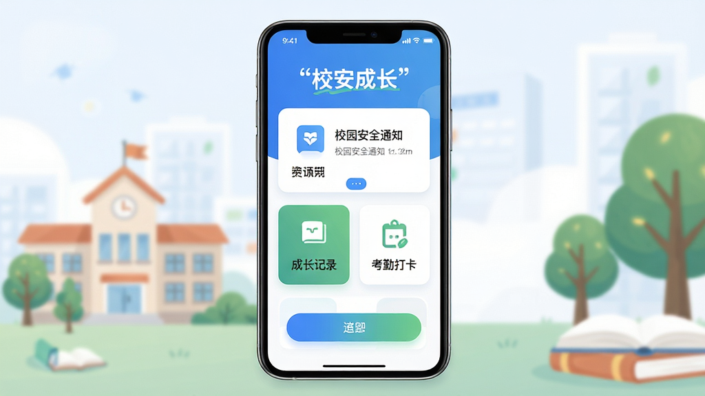 ����Ϊһ�������ֻ���Ļ����Ļ����ʾУ���ɳ�APP����ҳ���棬�����а���У԰��ȫ֪ͨ���ɳ���¼�����ڴ򿨵ȿ�Ƭʽ������ڣ����ֲ��þ���չʾ���ֻ������е�����У԰�廭Ԫ�أ����ѧ¥����ľ���鱾���Ű���󷽣����������ű�ע��У���ɳ������������Ϊ�ִ��Ƽ�������ů�������ϣ�ɫ����������Ϊ����ϸ�ڰ�������ͼ����������ťԲ�󡢱����黯��ͣ�����Ҫ����塢�ɾ����޶���Ԫ�أ��ʺ���������վչʾ��