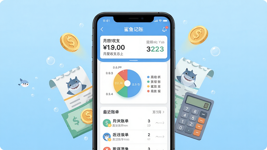 鲨鱼记账手机应用主界面展示,画面中央是手机屏幕,屏幕内呈现鲨鱼记账APP的首页,包含月度收支总览、分类饼图、最近账单列表,背景为浅蓝色渐变,手机周围环绕金币、账单、计算器等卡通元素,风格清新简约,排版居中对称,细节清晰,画质干净,无多余元素