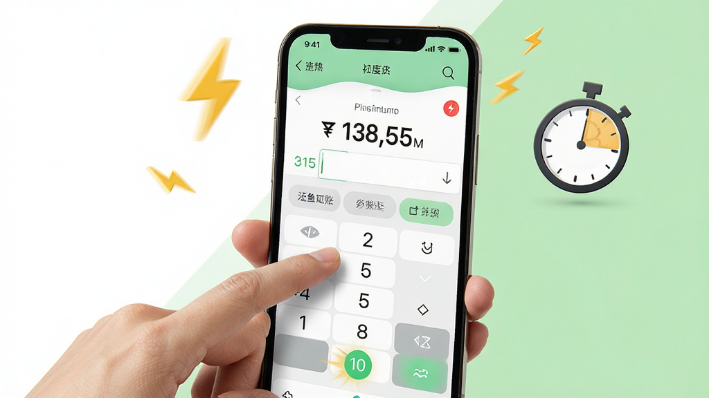 鲨鱼记账极速记账功能展示,画面中一只手拿着手机,手指正点击屏幕上的数字键盘和分类图标,屏幕显示记账输入界面,金额数字清晰可见,周围有闪电符号和计时器元素强调速度感,背景为白色与浅绿色搭配,风格简洁明快,排版突出手机屏幕内容,细节锐利,画质干净,无多余元素