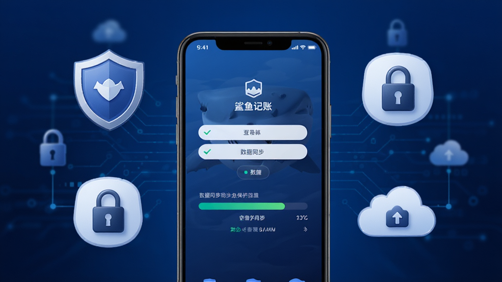 鲨鱼记账云端同步与安全保护功能展示,画面中央是手机屏幕显示登录界面和数据同步进度条,屏幕周围环绕盾牌、锁、云朵图标,背景为深蓝色科技感渐变,风格安全可靠,排版对称,细节精致,画质干净,无多余元素