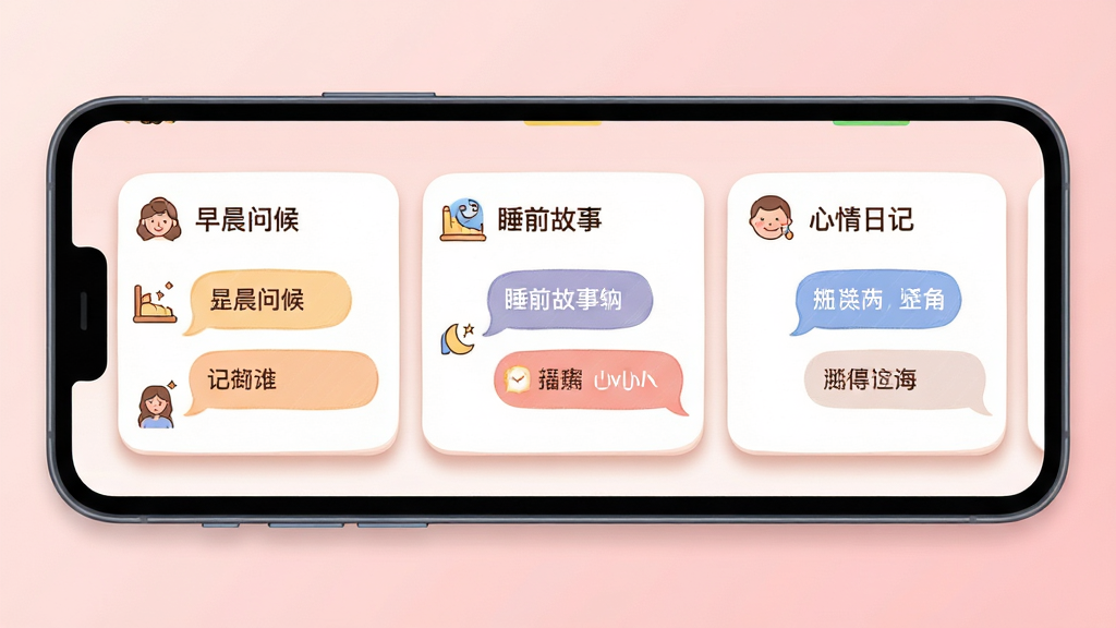 һ��չʾAI������¶ೡ������ģʽ����ϸ��ͼ������Ϊ�ֻ���Ļ��д����Ļ��ͬʱչʾ�������ŵ����쳡����Ƭ���ֱ��ע�糿�ʺ�˯ǰ���¡������ռǣ�ÿ����Ƭ���ж�Ӧ�ĶԻ����ݺ�Сͼ�꣬���ֲ��ú���Ƭ���У����Ϊ��ů��͵Ĳ廭�磬ϸ�ڰ�����Ƭ��Բ����Ӱ������ͼ���ϸ����ߡ�����β�͵�ָ����ƣ�����Ϊ4K�����壬�ɾ��޶���Ԫ�أ�����Ϊ����ɫ���䣬���崫��ȫ������ĸ��