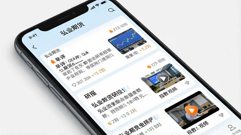 һ��չʾ��ҵ�ڻ�app��Ѷ�б����ܵ��ֻ�����ͼ�������������ֻ�����Ļ����ʾ����ҵ�ڻ�����Ѷҳ�棬�����������¡��б��б���Ͷ����Ƶ��Ƭ������Ϊ��Ƭʽ��Ϣ�������Ϊ�����Ķ��磬��ɫ�԰�ɫ��ǳ������ɫ��׺Ϊ����ϸ�ڰ������⡢ʱ���ǩ������ͼ�����ʸ��壬�ɾ����޶���Ԫ��