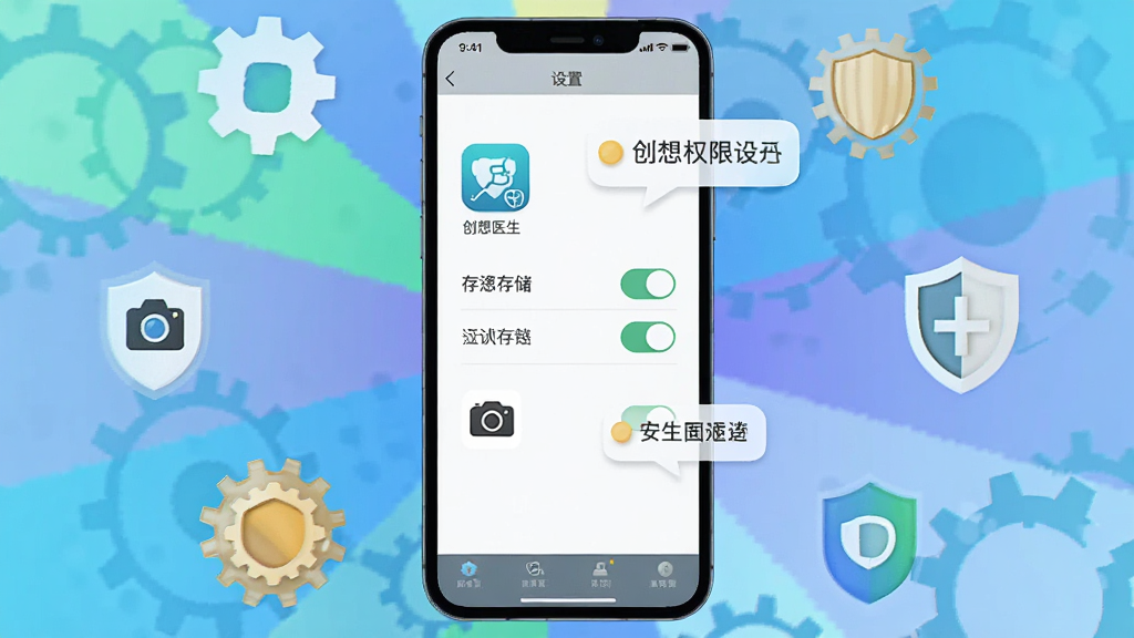 �������ֻ���Ļ��ʾӦ��Ȩ�����ý��棬����Ϊ�ֻ����С���Χ���Ƴ��ֺͶ���ͼ�꣬�Ű�������ķ��乹ͼ�����Ϊ���ϵͳ���߲廭��ϸ�ڰ���������ҽ����Ӧ��ͼ�ꡢȨ�޿��ذ�ť���洢�����ͼ�ꡢ��ʾ�������ݣ����ʸ��塢�ɾ����޶���Ԫ��