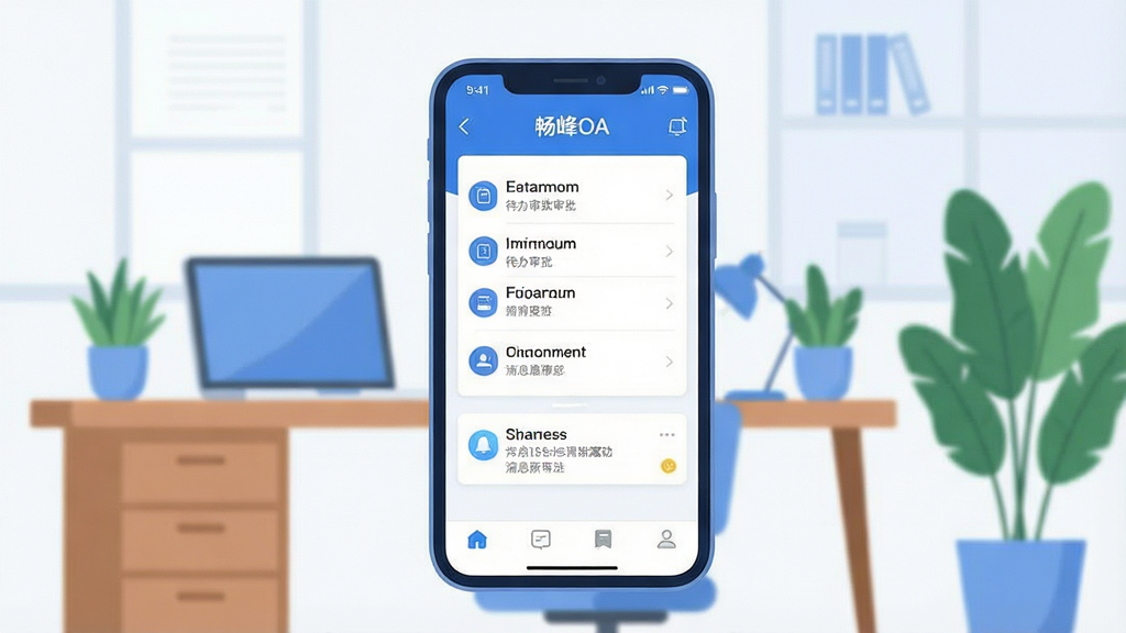 һ��չ���ƶ��칫������ͼƬ������������һ�������ֻ�����Ļ����ʾ������OA��Ӧ�ý��棬�������������б�����Ϣ֪ͨ��Ƭ�������Ǽ��İ칫�һ������а칫�����ʼǱ����Ժ���ֲ�����岼��Ϊ�����ֻ�������񣬲��ñ�ƽ���廭���ϸ�ڰ����ֻ��߿�Բ�ǡ�����ͼ��������ɫ��������Ϊ�������ʸ��壬�ɾ����޶���Ԫ��