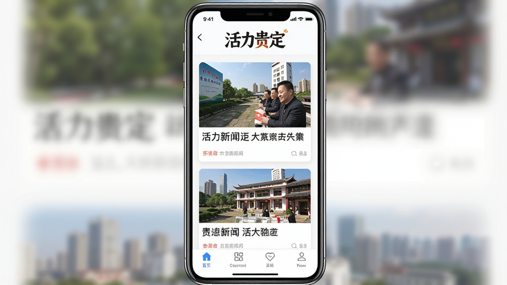 手机应用界面截图展示活力贵定新闻资讯列表页,页面顶部有“活力贵定”品牌标识,中部为多张新闻卡片配图排列,每张卡片包含新闻标题和缩略图,底部为导航栏,整体排版干净整齐,风格清新,高清画质,无多余装饰元素