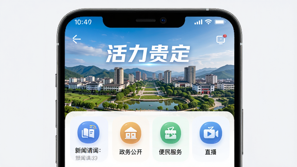 手机屏幕展示活力贵定APP首页界面,画面中央是贵定县城市风光背景,上方有“活力贵定”文字标识,下方排列新闻资讯、政务公开、便民服务、直播等图标模块,整体布局清晰,排版整齐,风格现代简约,细节精致,高清画质,干净无多余元素