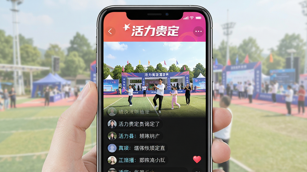 手机屏幕展示活力贵定直播界面,画面中正在播放贵定县户外活动直播,屏幕下方有评论区滚动显示观众留言,顶部有“活力贵定”直播标识,整体布局清晰,风格现代,高清画质,干净无多余元素