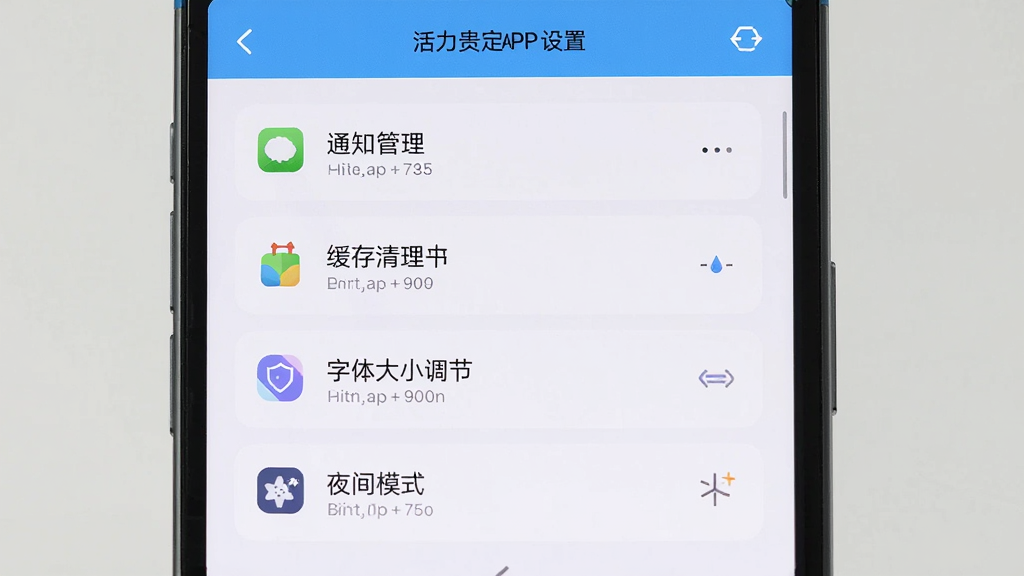 手机屏幕展示活力贵定APP设置页面,页面中排列着通知管理、缓存清理、字体大小调节、夜间模式等选项,界面风格简洁,排版整齐,背景为浅色,高清画质,干净无多余元素