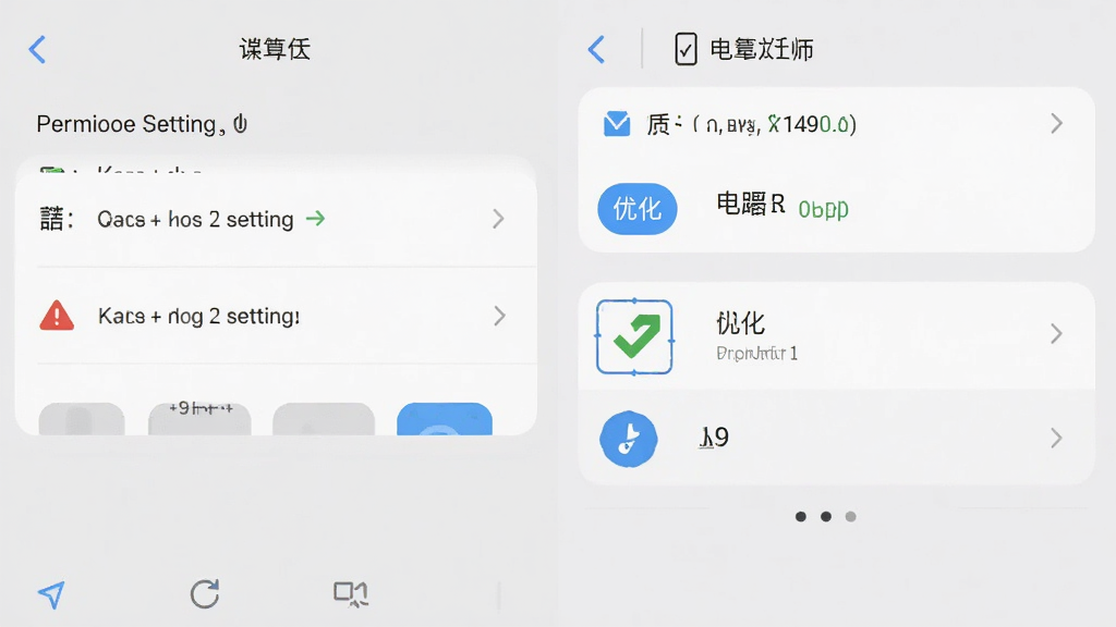 手机灯光特效大师应用界面截图,显示权限设置和电池优化选项,画面中有红色警告图标和蓝色优化图标,背景为浅灰色,风格为UI说明图,细节清晰,画质高清,无多余元素