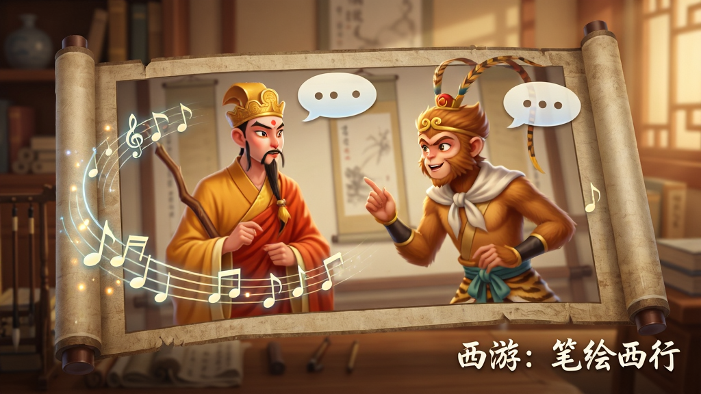 ��������չʾһ��չ���Ĺŷ续���������ϸ��ֳ���ɮ������նԻ��Ķ�̬��������Χ��������Ի���Ԫ�أ�����Ϊůɫ���鷿���������½���д�����Σ��ʻ����С�С�֣����Ϊ��������ݳ����棬ϸ�ڰ���������������ɫ���顢������Ч�����ʸ��壬����ɾ����޶���Ԫ��