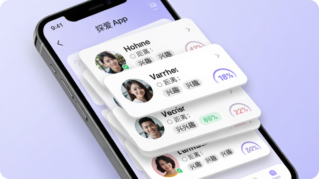 探爱APP智能匹配推荐功能界面,手机屏幕中显示多张用户资料卡片层叠排列,卡片上有头像、昵称、距离和兴趣标签,背景是淡紫色渐变,布局采用卡片堆叠式排版,风格为清新社交应用UI,细节包括卡片阴影、圆角边框和匹配度百分比标识,画质清晰,画面干净,无多余元素