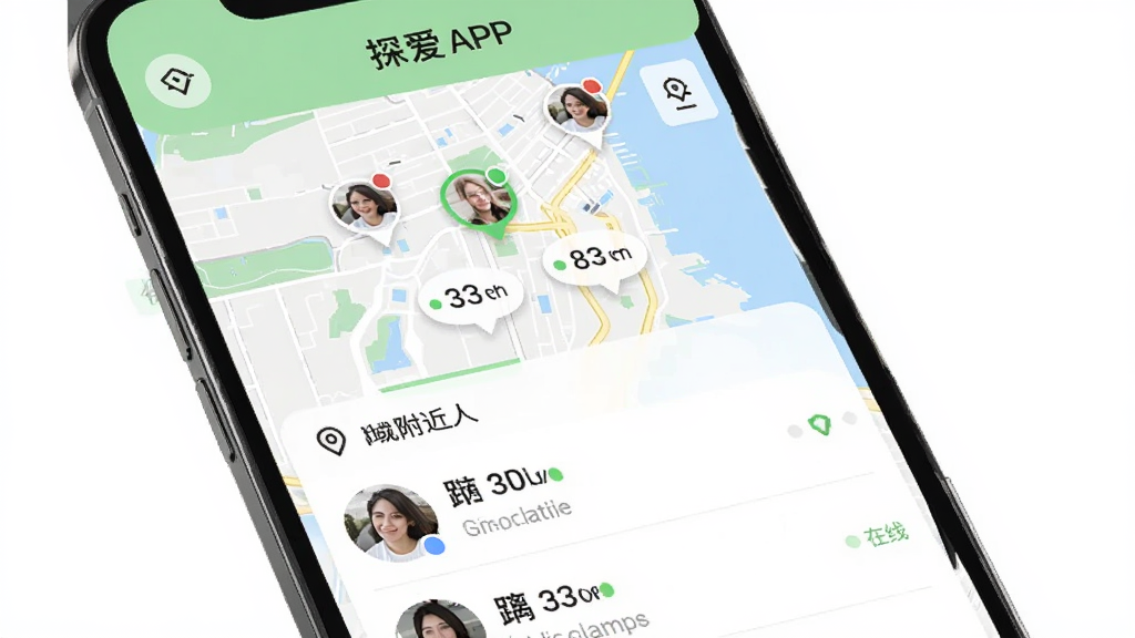 探爱APP同城附近的人功能界面,手机屏幕显示地图与用户头像标记,下方列表展示附近用户距离和活跃状态,背景是浅绿色与白色,布局为地图加列表组合排版,风格为LBS社交应用UI,细节包括定位图标、距离数值和在线状态圆点,画质清晰,画面干净,无多余元素