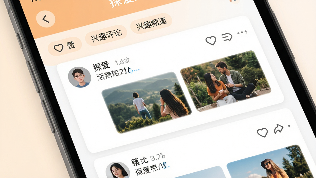探爱APP动态社区分享功能展示,手机屏幕内呈现动态广场页面,包含用户发布的图文动态卡片、点赞评论按钮和兴趣频道标签,背景是浅橙色与白色搭配,布局为上下滚动式信息流排版,风格为现代社交社区UI,细节有头像圆形裁剪、动态配图缩略图和互动图标,画质高清,画面干净,无多余元素