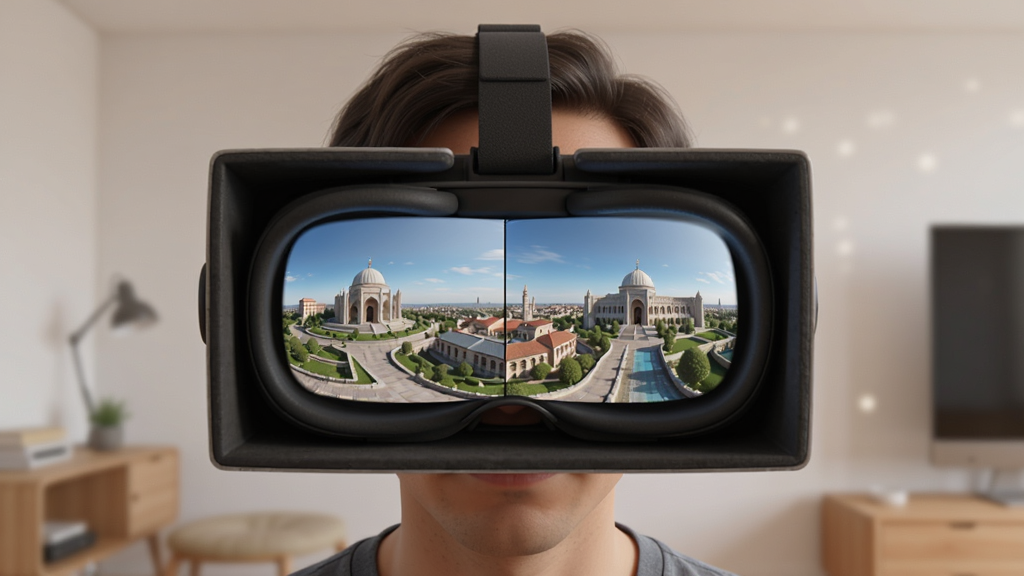 一张展示VR世界景点在VR眼镜模式下的使用场景图,画面中一个人戴着VR眼镜盒子,眼镜内部显示左右分屏的全景景点画面,背景是简洁的室内环境,整体风格写实,光线柔和,画质清晰,干净,无多余元素