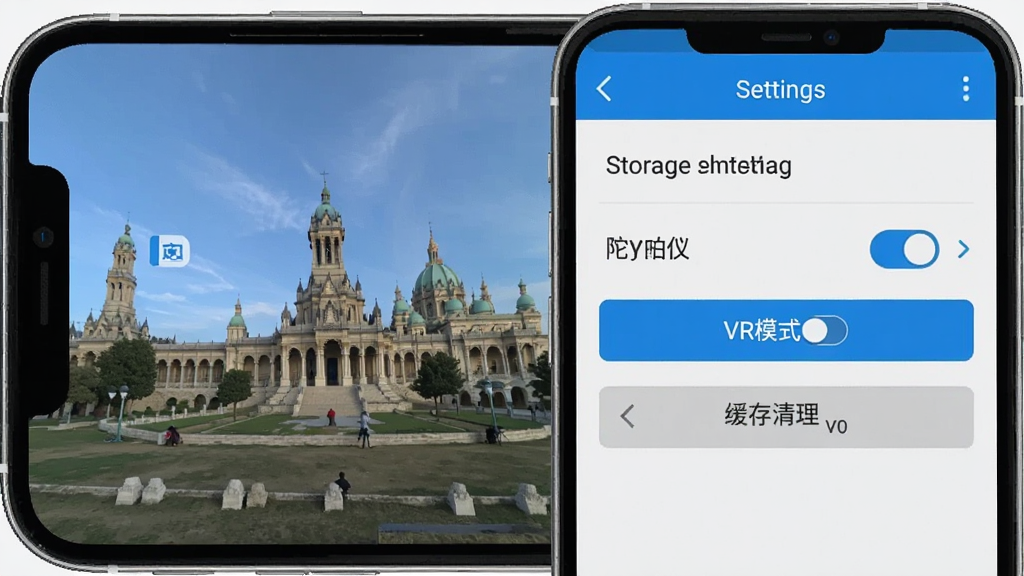 一张展示VR世界景点在手机上运行时的设置界面截图,画面中显示存储路径选择、陀螺仪开关、VR模式切换按钮、缓存清理选项等设置项,界面风格简洁,配色为蓝白灰,画质清晰,干净,无多余元素