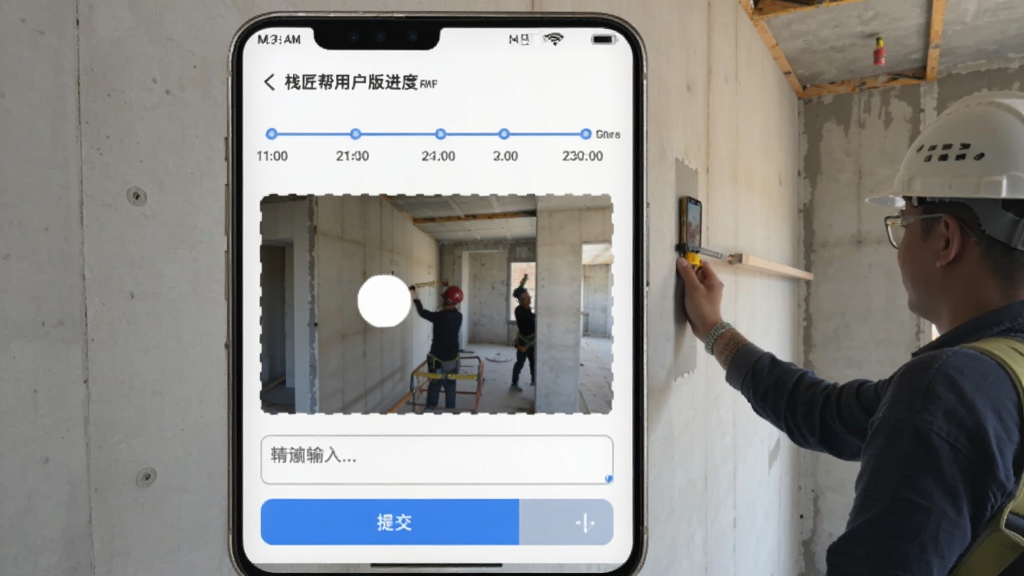 栈匠帮用户版进度上报页面,手机屏幕显示拍照上传区域,下方有文字输入框和提交按钮,上方有时间轴展示已上传的进度记录,画面中有施工人员手持手机拍摄墙面施工现场,风格写实,画质干净,无多余元素