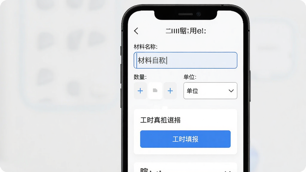 栈匠帮用户版材料记录界面,手机屏幕显示材料名称输入框、数量选择器、单位下拉菜单,下方有工时填报卡片,背景为白色,按钮为蓝色,风格简约,画质干净,无多余元素