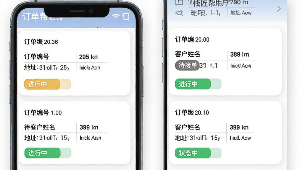 栈匠帮用户版工单列表界面,手机屏幕中显示多张任务卡片,每张卡片上有订单编号、客户姓名、地址、状态标签,卡片颜色区分待接单与进行中,界面布局整齐,风格清爽,画质清晰,无多余元素