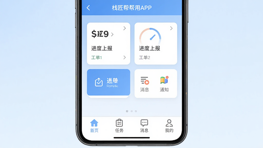 手机屏幕显示栈匠帮用户版APP主界面,顶部有工程管理标题栏,中间排列工单卡片、进度上报入口、消息通知图标,底部导航栏包含首页、任务、消息、我的四个按钮,背景为浅蓝色渐变,风格简洁商务,细节清晰,画质干净,无多余元素
