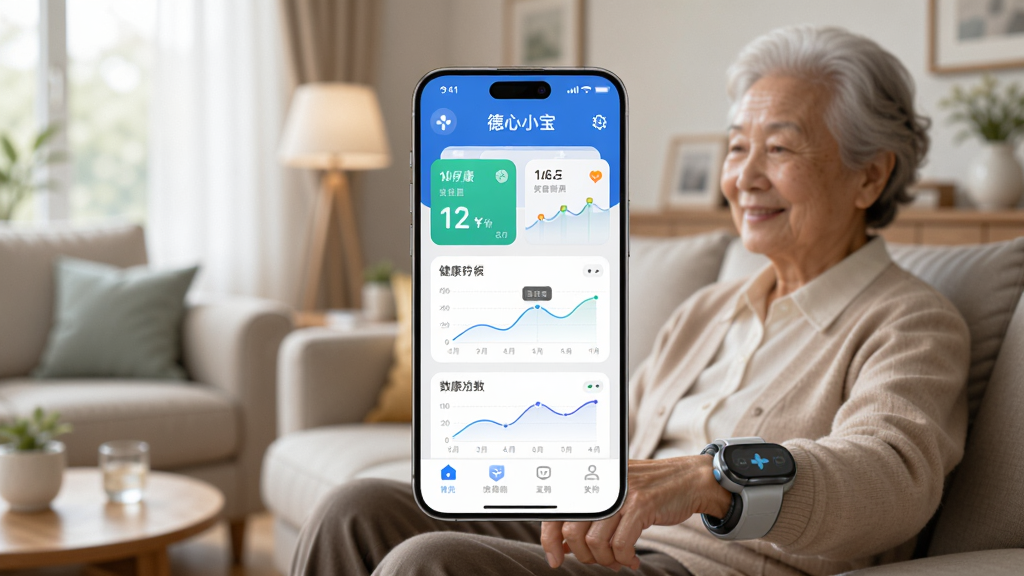 画面中央一部智能手机竖屏显示德心小宝应用首页界面,界面内有健康数据卡片和曲线图,手机后方虚化展示一位老人佩戴智能健康守护仪坐在客厅沙发上,背景为明亮温馨的家居环境,风格写实科技感,细节清晰,画质高清,干净,无多余元素