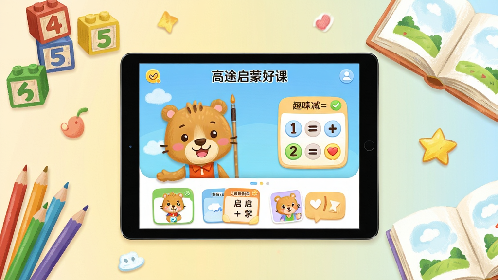 高途启蒙好课软件主界面全貌展示,画面中央是一台平板电脑,屏幕内呈现高途启蒙好课APP的课程首页,包含卡通动物老师形象、数学启蒙卡片和趣味减法互动模块,周围环绕彩色铅笔、数字积木和翻开的绘本,布局采用居中构图、左右对称,排版清晰有序,风格为清新明快的儿童教育插画风,细节包括柔和渐变背景、圆角图标和手绘质感元素,画质高清、干净、无多余元素,整体明亮温暖