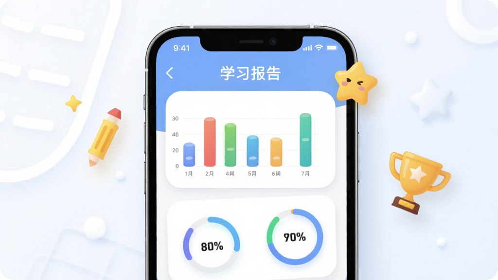高途启蒙好课智能学习报告页面展示,画面以手机屏幕为主体,屏幕内显示彩色柱状图和圆形进度条,标注“学习报告”字样,旁边有卡通小星星和奖杯图标,布局采用上下结构、信息层级分明,排版简洁现代,风格为扁平化教育科技风,细节包括柔和阴影、圆角卡片和清爽留白,画质高清、干净、无多余元素
