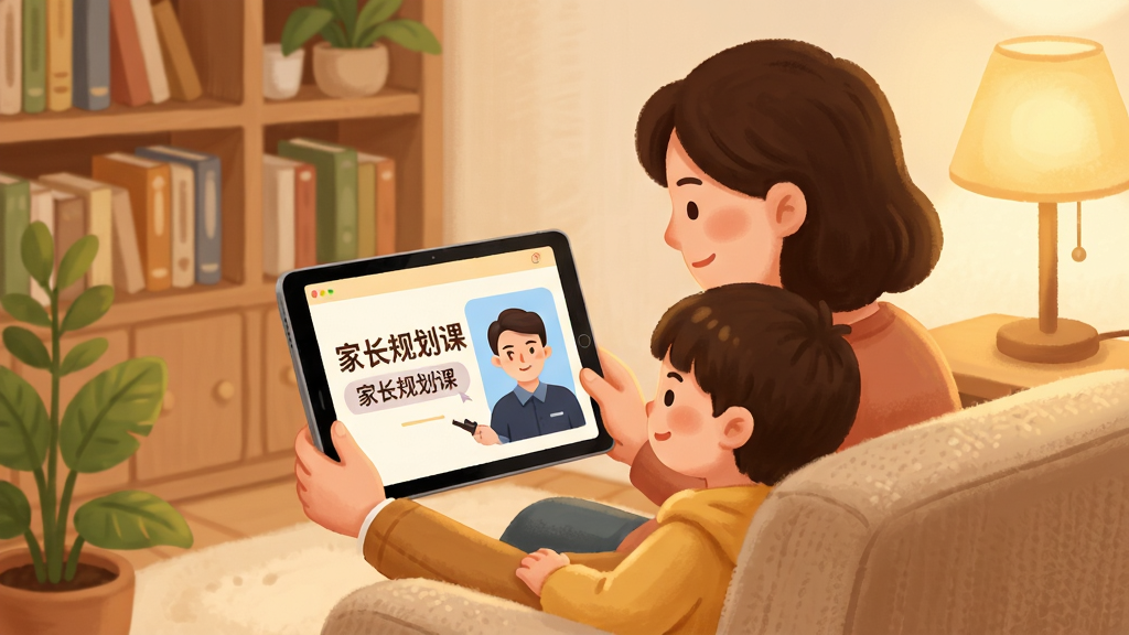 高途启蒙好课家长规划课堂界面,画面展示一位家长与孩子并排坐在沙发上观看平板电脑,屏幕内呈现“家长规划课”文字和讲师头像,周围有书架、绿植和暖色台灯,布局采用温馨家庭场景构图,排版自然舒适,风格为温暖治愈系插画,细节包括柔和光影、布艺纹理和圆润线条,画质高清、干净、无多余元素