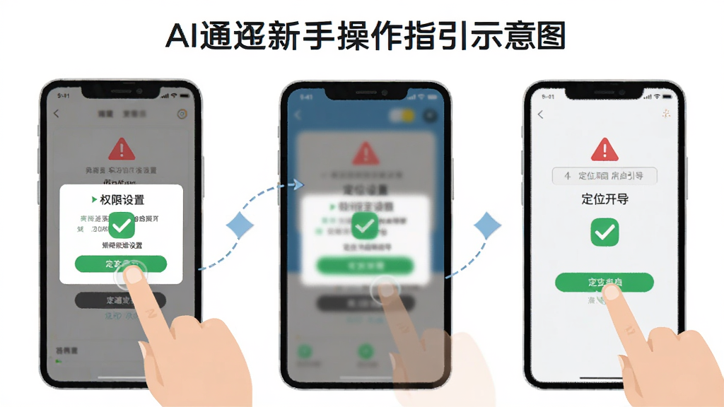 AI通辽新手操作指引示意图,主体为手机屏幕与手指点击动作,屏幕中显示权限设置弹窗与定位开启引导页,布局为分步图解形式,风格为明亮扁平化,细节包含绿色对勾图标与红色警示三角图标,画质高清,干净,无多余元素