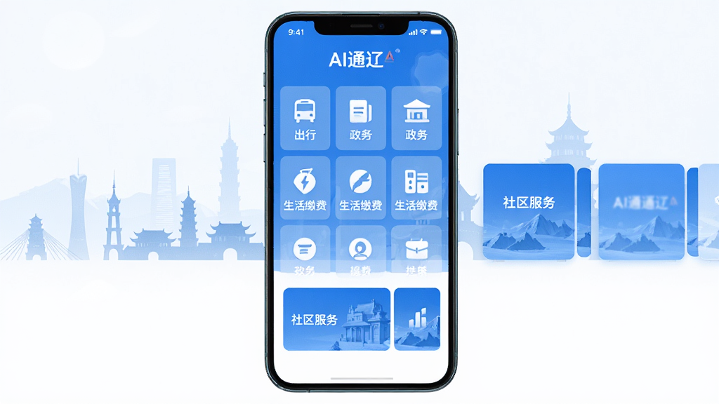 AI通辽软件主界面全貌展示,主体为一部智能手机屏幕,屏幕中显示AI通辽APP首页,布局清晰排列着出行、政务、生活缴费、社区服务等功能图标,排版采用九宫格与横向滑动卡片结合方式,风格为现代简约科技蓝,细节包含通辽地标建筑剪影作为背景装饰,画质高清,干净,无多余元素