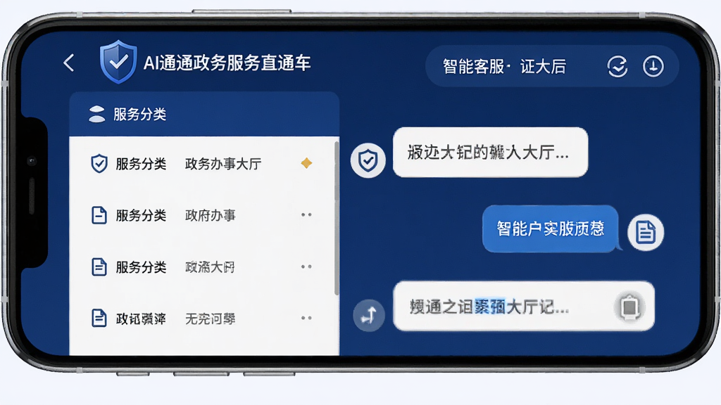 AI通辽政务服务直通车界面展示,主体为手机屏幕,屏幕中显示政务办事大厅列表与智能客服对话窗口,布局左侧为服务分类,右侧为对话气泡,风格为庄重深蓝色,细节包含盾牌安全图标与文件文档图标,画质高清,干净,无多余元素