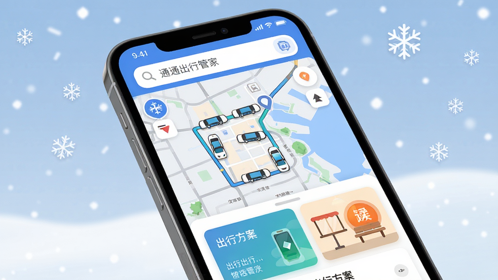 AI通辽智能出行管家功能界面展示,主体为手机屏幕特写,屏幕中显示实时公交地图与路线规划界面,布局上方为搜索栏,中部为地图与车辆位置图标,下方为出行方案卡片,风格为扁平化设计,细节包含雪花飘落动画表示冬季场景与温暖候车室图标,画质高清,干净,无多余元素