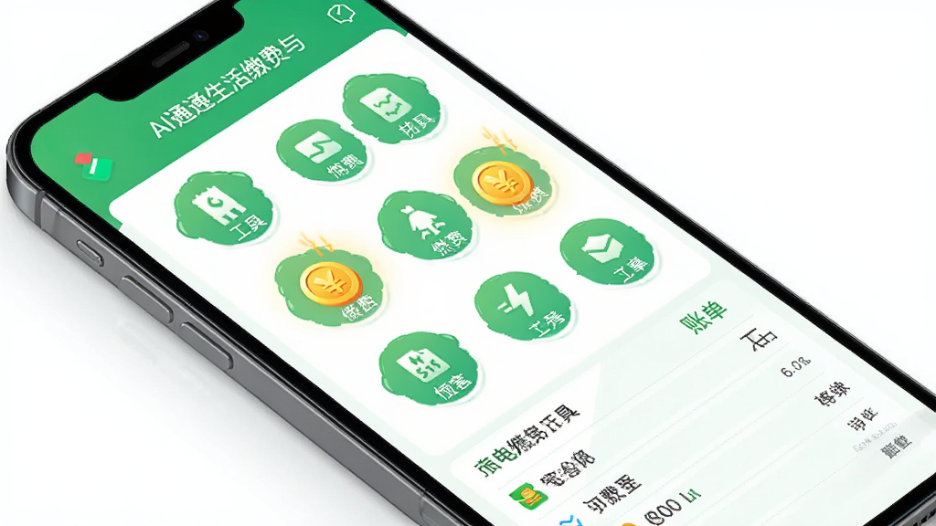 AI通辽生活缴费与便民工具界面展示,主体为手机屏幕,屏幕中显示水电燃气缴费页面与工具宫格,布局采用圆形图标矩阵排列,风格为清新绿色调,细节包含金币支付动画与账单列表,画质高清,干净,无多余元素