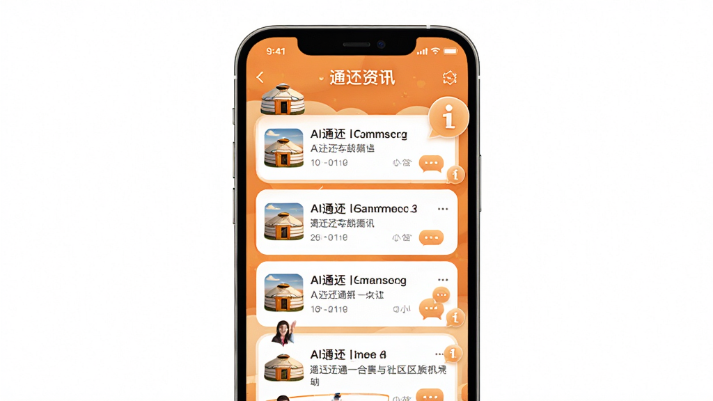 AI通辽本地资讯与社区互动界面展示,主体为手机屏幕,屏幕中显示资讯列表与社区帖子流,布局采用上下滑动卡片式排版,风格为温暖橙色调,细节包含通辽特色蒙古包元素与信息气泡图标,画质高清,干净,无多余元素