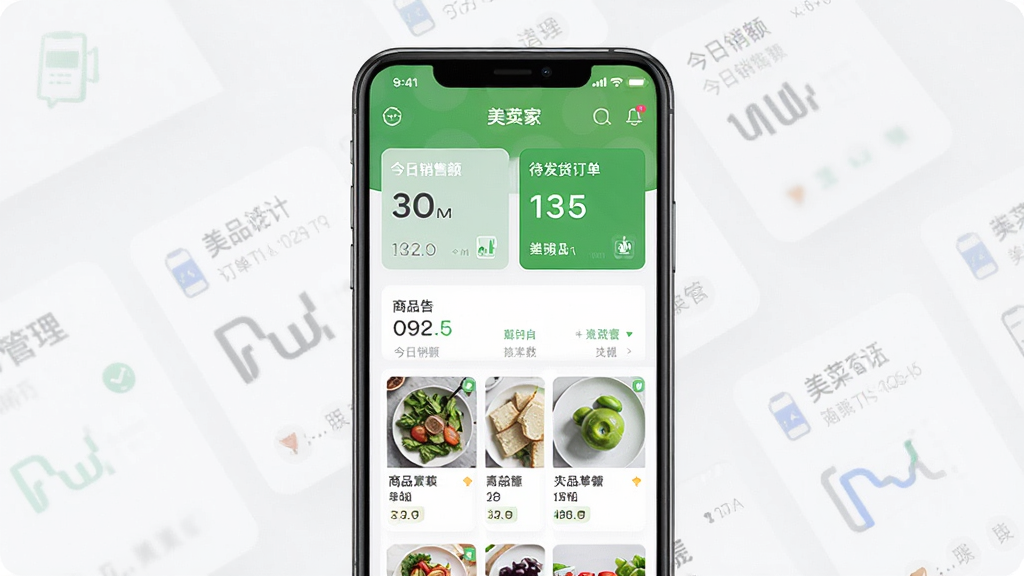 美菜卖家应用主界面展示,主体为一部智能手机,屏幕内显示美菜卖家APP的订单管理仪表盘,布局清晰,上方有今日销售额与待发货订单数量卡片,下方为商品列表缩略图。排版采用现代扁平化卡片式设计,风格简洁商务,细节包含清晰的中文数据图表与图标,画质高清,界面干净,无多余元素。