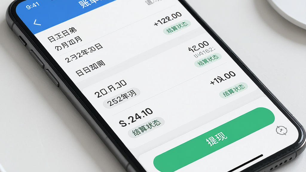 美菜卖家便捷财务对账功能,主体为手机屏幕特写,显示账单明细列表与提现按钮,布局简洁明了,排版采用金融类APP风格,风格严谨专业,细节包含金额数字、日期与结算状态标签,画质清晰,界面干净,无杂乱信息。
