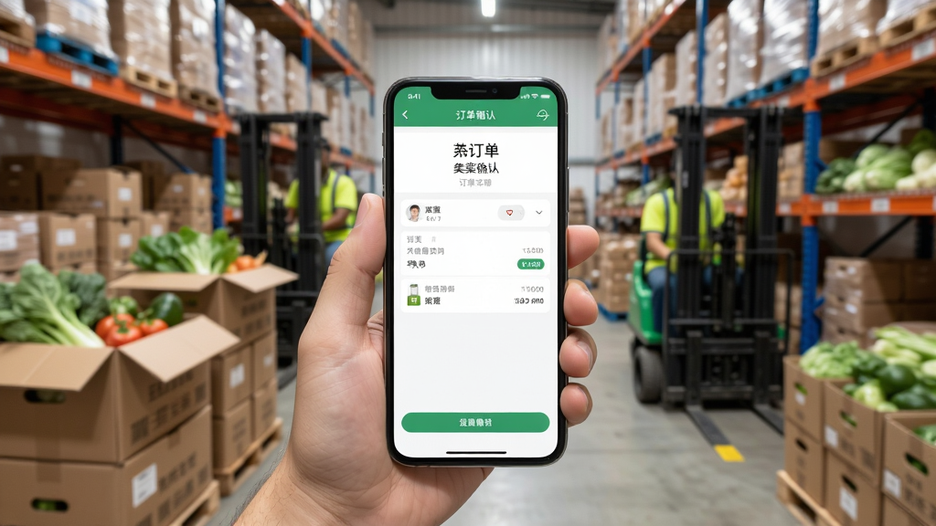 美菜卖家移动化店铺管理场景,主体是一只手拿着手机,背景是忙碌的生鲜仓库,手机屏幕显示订单确认界面,布局突出手机屏幕内容,排版采用写实摄影风格,细节包括生鲜蔬菜纸箱与仓库货架,画质清晰锐利,画面干净,无杂乱元素。