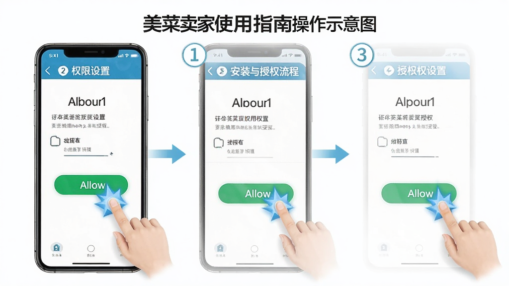 美菜卖家使用指南操作示意图,主体为手机屏幕显示权限设置页面,布局分步展示安装与授权流程,排版采用教程图解风格,细节包含手指点击允许按钮的动画示意,画质清晰,画面干净,无多余元素。