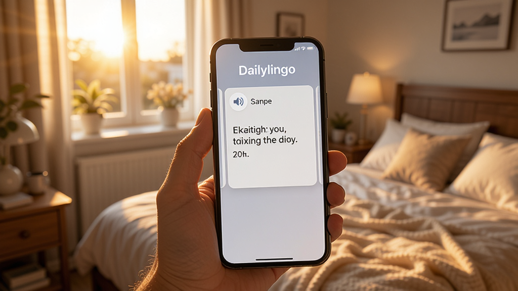 一只握着手机的手,手机屏幕上显示“Dailylingo”每日一句卡片,卡片上有英文句子和喇叭图标,背景是温馨的早晨卧室,阳光从窗户洒入,画面风格温暖治愈,高清细节,文字清晰可见,无杂乱元素。