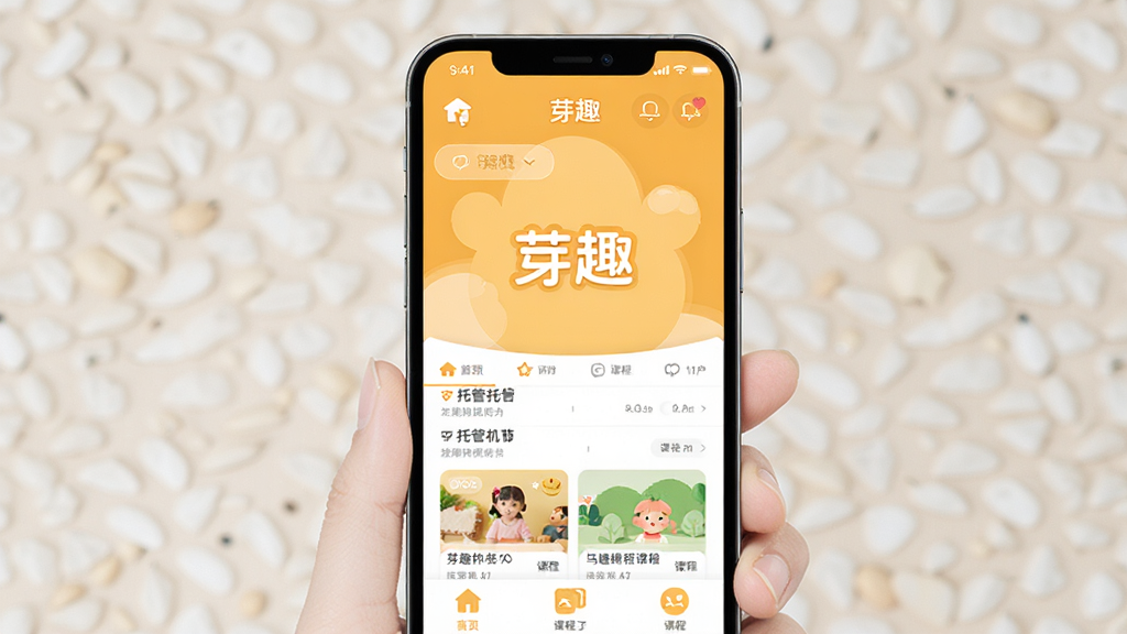 芽趣APP主界面展示,手机屏幕中呈现托管机构列表与课程卡片,背景为温馨的橙黄色调,画面中央有