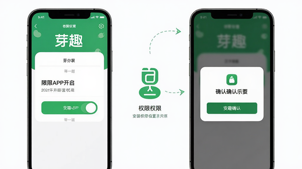 芽趣APP安装与权限设置示意图,手机屏幕展示权限开启界面与安装确认弹窗,画面中有
