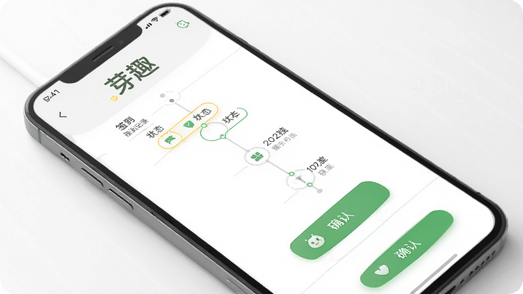 芽趣APP安全签到与接送管理界面,手机屏幕展示签到记录与接送时间线,画面中有