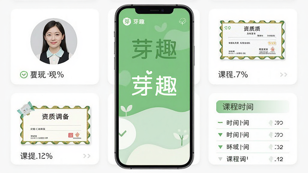 芽趣APP课程与师资展示页面,手机屏幕中呈现教师头像、资质证书与课程时间表,画面中央有