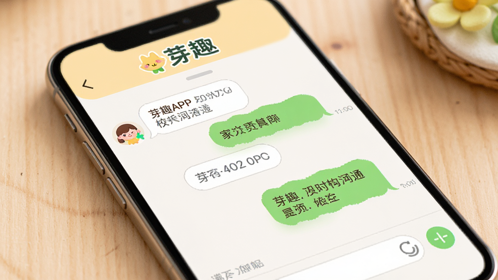 芽趣APP家校沟通聊天界面,手机屏幕显示对话气泡与通知提醒,画面顶部有
